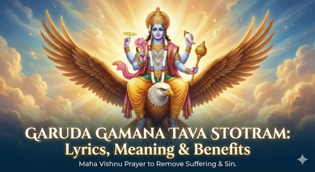 A divine illustration of Lord Vishnu riding His vehicle Garuda through the clouds, serving as the featured image for the blog post titled "Garuda Gamana Tava Stotram Lyrics, Meaning & Benefits.