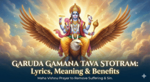 A divine illustration of Lord Vishnu riding His vehicle Garuda through the clouds, serving as the featured image for the blog post titled "Garuda Gamana Tava Stotram Lyrics, Meaning & Benefits.